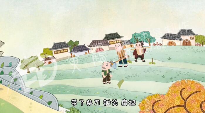 附近的人聽說狼來了，都趕緊放下手里的活兒，帶了柴刀、鋤頭、扁擔(dān)，飛快跑來救孩子.jpg