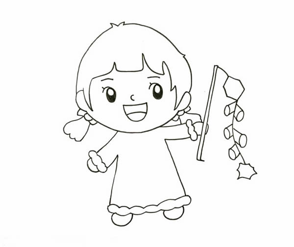 春節(jié)小朋友放鞭炮簡筆畫，新年小女孩放鞭炮簡筆畫