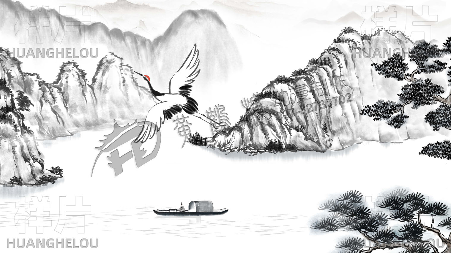 一只白鶴在空中翱翔飛過江面，帶出小船-3.jpg